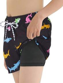 Boys Swim Trunks With Boxer Brief Liner Swim Shorts Compression Liner Youth Anti Trunks Halloween Christmas New Year - 彩色鯊魚 - 查看 3