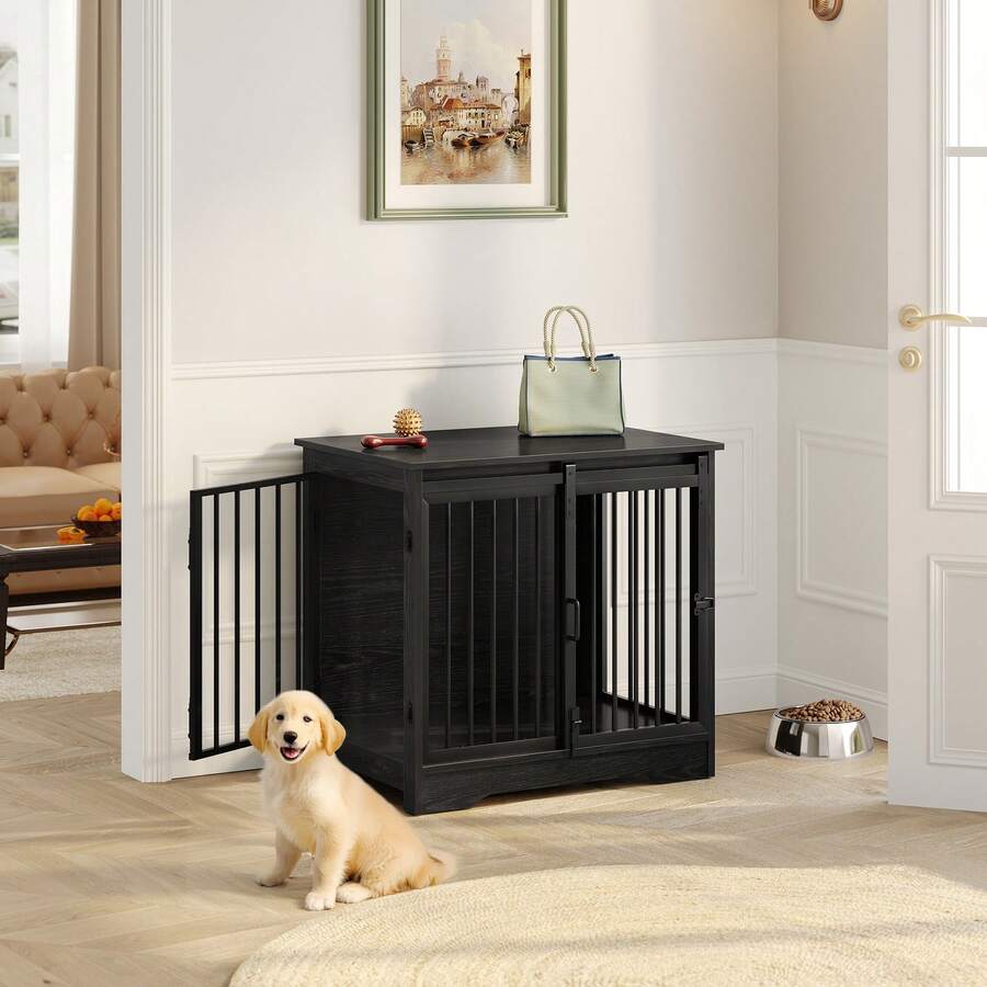 HaluPeit Dog Cage Furniture, 69 Cm Dog Crate, 2 Doors, Modern Indoor Dog Cage For Small/Medium/Large Dogs, Side Table, Dog Cage For Home 49 * 69 * 64.5 Cm, Black - Black - View 1