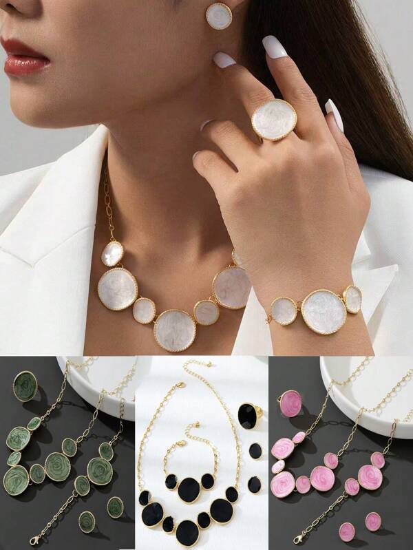 1 Set White Geometric Women Jewelry Set: 1 Necklace, 1 Bracelet, 1 Ring, 1 Pair Earrings, Alloy & Enamel, Fashion