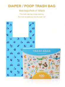 80/100个婴儿一次性尿布袋 – 便携式尿布垃圾袋，带易系带，无味防漏，非常适合旅行、婴儿车存放、尿布袋使用 | 可爱蓝色图案