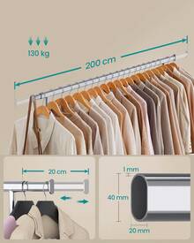 SONGMICS Portant à Vêtements avec Roulettes, Tringle Extensible pour Charge Lourde, Porte-manteau, Capacité de Charge 150 kg, 45 x (160-200) x 161,5 cm, Montage Facile, Argent/Noir - 45 x (160-200) x 161,5 cm (P x L x H) - Voir 3