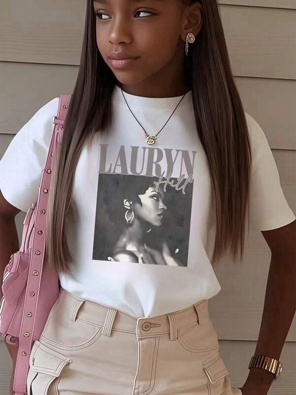 1pc Girls' Casual Letter Print Round Neck Short Sleeve T-Shirt, Summer Student Young Casual Wear - Minimalist English Letter Style T-Shirt Inspiring Imagination And Self-Expression