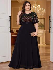 UNITHORSE Polyester Regular Round-Neck Dress,Sequin Patchwork Design Chiffon Brideamaid Dresses - Black - View 2