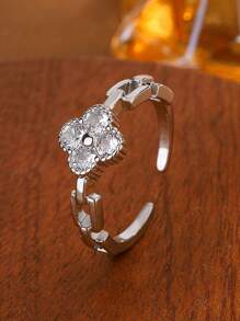 1 pieza Anillo abierto de acero inoxidable con trébol de cuatro hojas violeta y circonita, anillo de alta gama de nicho delicado