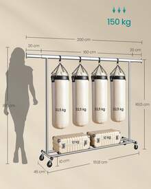 SONGMICS Portant à Vêtements avec Roulettes, Tringle Extensible pour Charge Lourde, Porte-manteau, Capacité de Charge 150 kg, 45 x (160-200) x 161,5 cm, Montage Facile, Argent/Noir - 45 x (160-200) x 161,5 cm (P x L x H) - Voir 7
