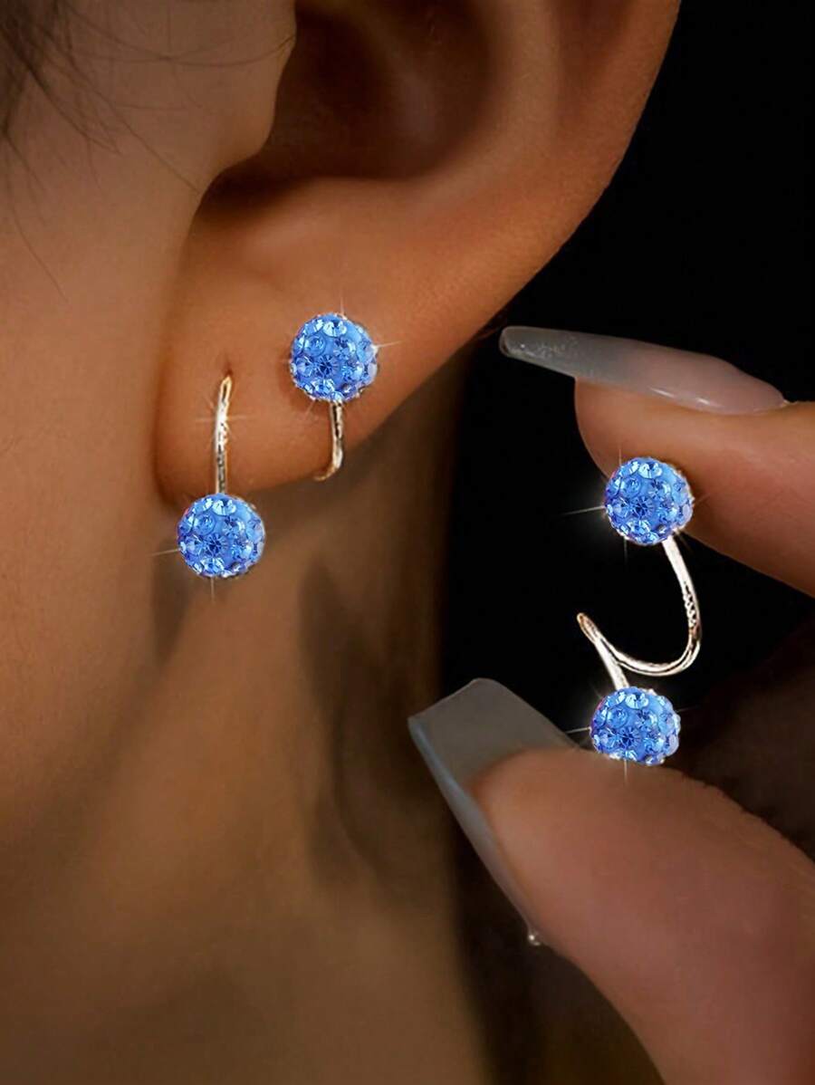 1 Pair Luxury-Style Double-Head Screw Closure Rhinestone Ball Earrings, Unique S-Shaped Ear Studs - Ocean Blue - View 1