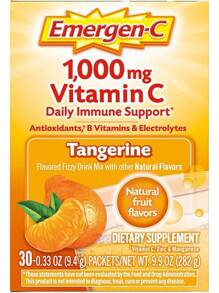 Emergen-C 1000mg Vitamina C en polvo para el apoyo diario del sistema inmunológico, sin cafeína, suplementos de vitamina C con zinc y manganeso, vitaminas B y electrolitos, sabor naranja súper - 30 unidades
