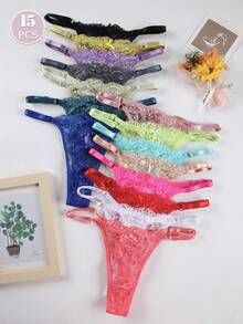 15pcs Candy Color Sexy Lace Thongs Hollow Adjustable Waistband Women's Underwear Solid Color Couple Low-Waisted Underwear - 彩色 - 查看 1