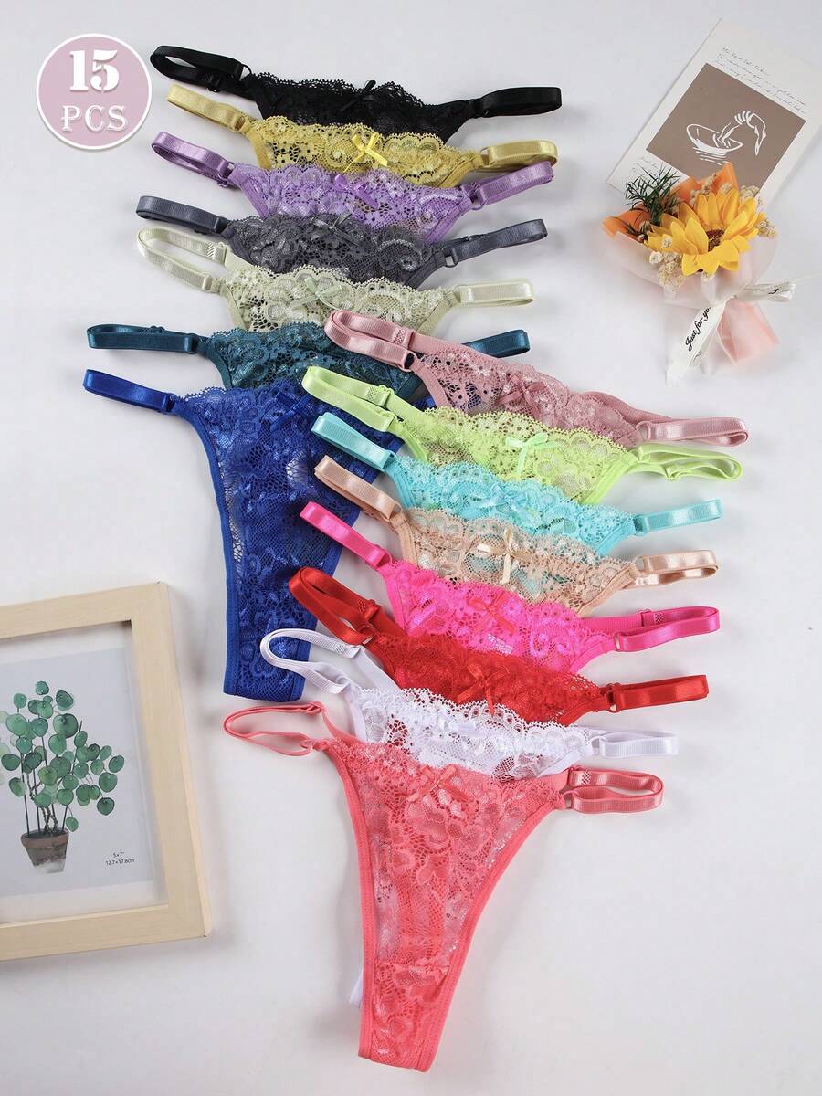 15pcs Candy Color Sexy Lace Thongs Hollow Adjustable Waistband Women's Underwear Solid Color Couple Low-Waisted Underwear - 彩色 - 查看 1