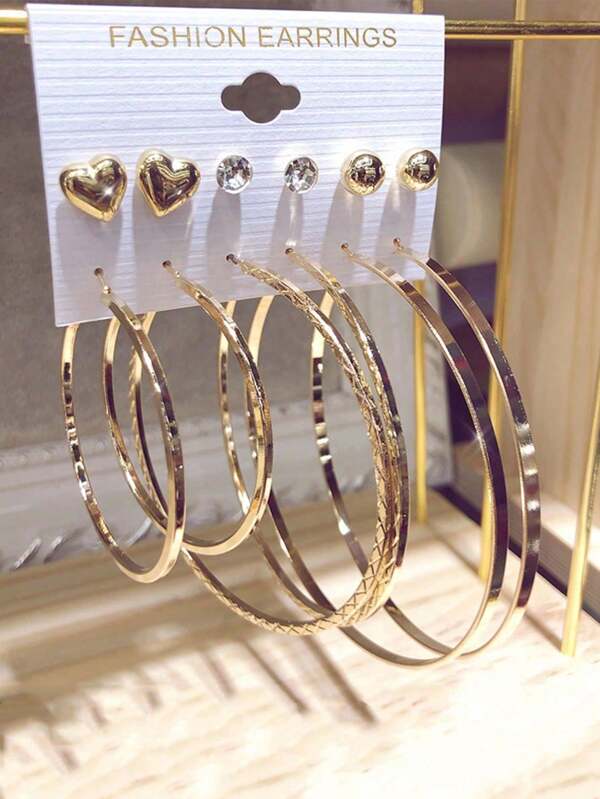 6Pairs Exaggerated Fashion Eiffel Tower, Heart Shaped Hoop And Stud Earrings Combo Set