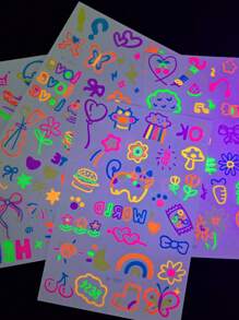 4 张霓虹紫外线荧光纹身贴纸，花朵、心形和云朵临时防水纹身，适用于派对化妆、舞蹈和音乐派对 - 彩色 - 查看 10