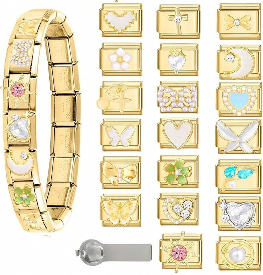 DIY Italian Charms Bracelet Set With 9 Charms And Starter Bracelet - C-starter Bracelet Set-20Pcs Gold - View 1