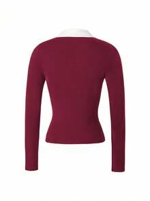 Damska elegancka koszulka polo Vaiaye na wiosnę/lato, odpowiednia do dojazdów do pracy i codziennego noszenia, jednokolorowa dzianinowa koszulka z długim rękawem, idealna na Walentynki - Burgund - Zobacz 4