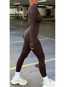 VIVINA Women's Autumn/Winter Casual Versatile Minimalist Solid Color Elegant Deep V-Neck Slim Fit Elastic Fleece-Like Outdoor Long Sleeve Jumpsuit, Chocolate Brown Slim Fit Fleece-Like Long Sleeve Jumpsuit - Brown - View 7