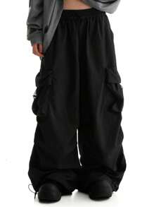 Men's Loose Cargo Pants, Plain Color, Fashionable & Suitable For Summer - 黑色 - 查看 1