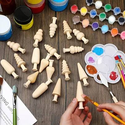 3pcs/10pcs Creative Wooden DIY Craft Kit - Paintable Mushroom & Tree Decorations, Natural Light Wood, Suitable For Holiday Decor And Craft Projects, Unfinished Mini Painting Decor