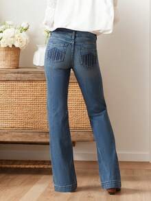 Women's Vintage Bootcut Jeans Mid Rise Stretch Slim Embroidered Wide Leg Denim Pants Western Cowgirl Boot Jeans - 藍色 - 查看 5