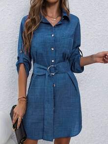 Women's Solid Color Button Front Belted Pocket Shirt - Blue - View 3