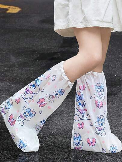 2/5 Pairs Waterproof Lightweight Cartoon Print Shoe Covers | Long, Thick, Portable, Durable Footwear Protectors With Cute Animal & Heart Designs For Outdoor Activities