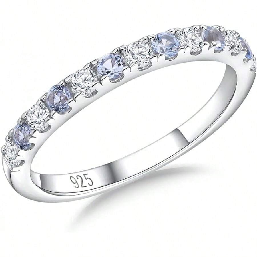 Birthstone Rings Eternity Band 925 Sterling Silver/Yellow Gold Created Gemstone Stackable Wedding Band Half Eternity Rings For Women Size 6 To 102025 - 03. 三月 / 創作海藍寶石 - 查看 1