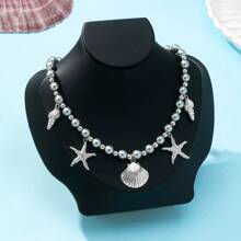 1 pieza Collar para mujer con cuentas de perla y conchas y estrellas de mar en estilo francés con elementos marinos