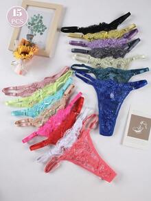 15pcs Candy Color Sexy Lace Thongs Hollow Adjustable Waistband Women's Underwear Solid Color Couple Low-Waisted Underwear - 彩色 - 查看 3