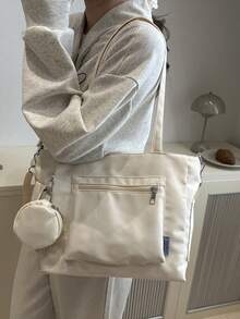 Bolso de mano de mujer de moda, unicolor minimalista para trabajos escolares, de gran capacidad apto para trabajo, clase, versátil y exquisito - Beis - Ver 4