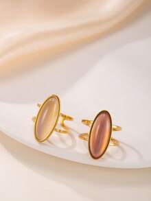 1pc/2pcs Stainless Steel Retro Golden Color Rings Set With White And Brown Diamond-Shaped Gemstone, Suitable For Women's Daily Wear Or Gift Giving - Yellow Gold - View 2