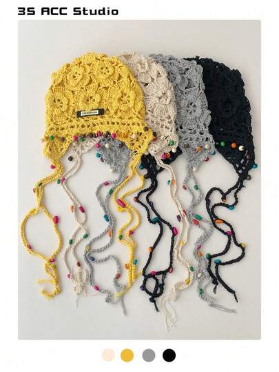 1pc Vintage Star Knitted Hollow Out Beanie Hat For Women, Lightweight Spring/Summer Handmade Crochet Headwear, Boho Floral Tassel Braided Headband Cap, Retro Knit Skull Cap