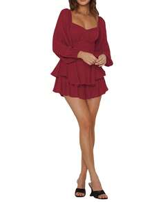 Women Puff Long Sleeve Romper Off Shoulder Ruffle Flowy Short Jumpsuit Layered Pirate Dress With Shorts Playsuit - Burgundy - View 4
