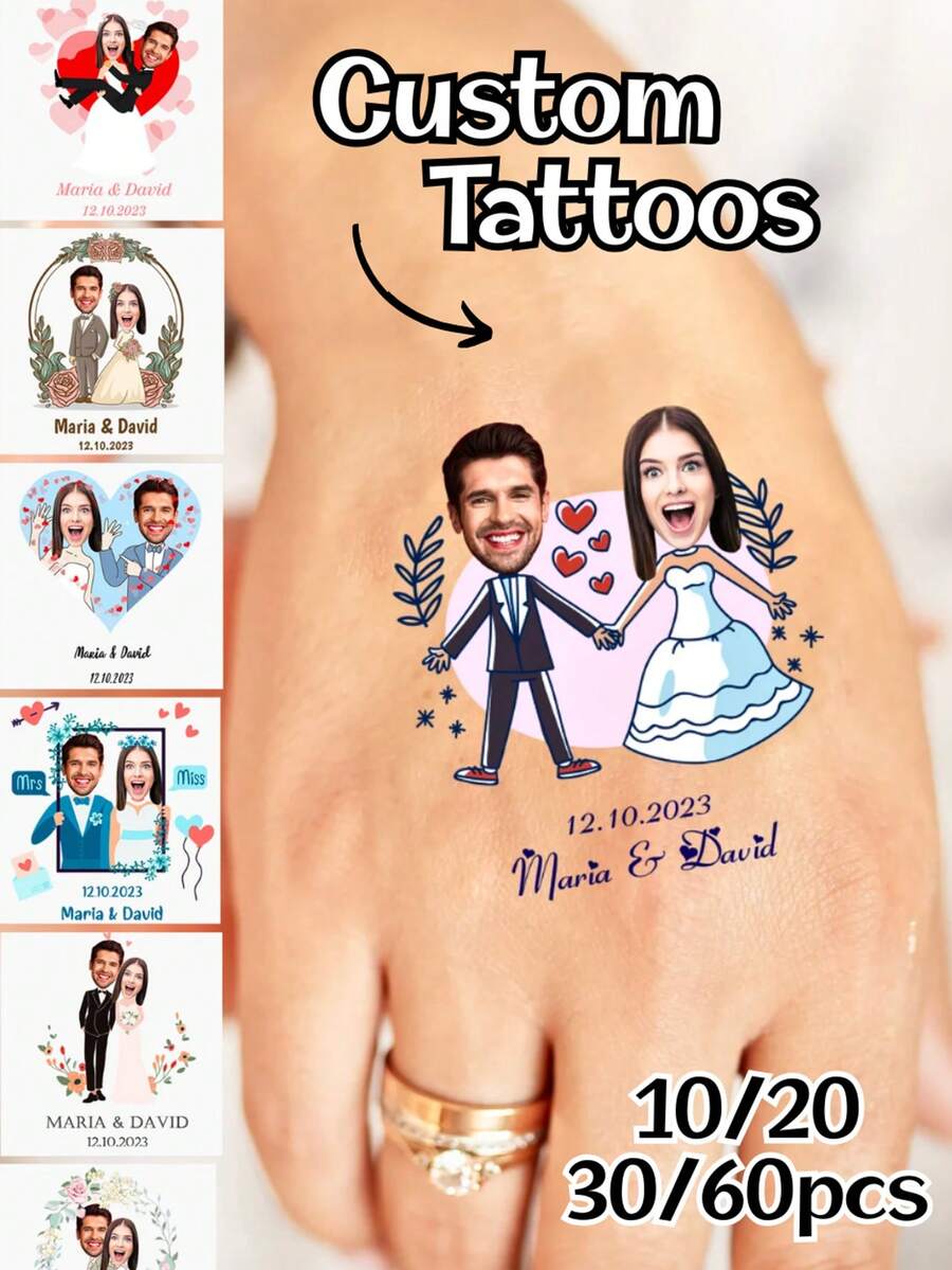 10/20/30/60入可客製文字臨時紋身貼紙，個性化照片姓名紋身，新娘臉部紋身，單身派對、生日派對小禮品，個性化臉部紋身生日聖誕新年禮物，Bride Tribe，獨特禮物