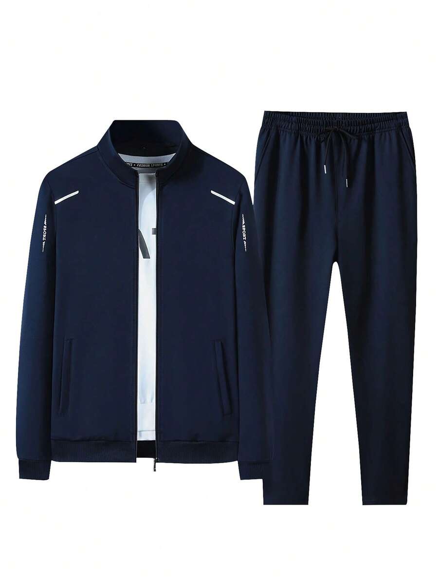 Men's Spring - Autumn Style Stand - Up Collar Cardigan Sports Suit Set - Màu xanh hải quân - Xem 1