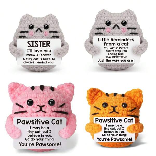 1pc Orange, Pink And Gray Kittens Hand-Woven Plush Doll Ornaments With Positive Energy Words Of Encouragement Can Be Given As Small Gifts To Friends And Family. Lovely Knitted Toy Ornaments Are Very Suitable For The Living Room And Desk At Home, As Birthday Gifts And Room Decorations. Lovely Doll Gift Design And Encouraging Words Are Very Warm And Sweet!