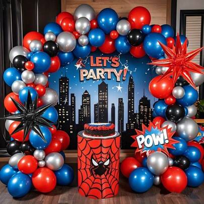 125 piezas Conjunto de decoración de cumpleaños con tema de araña - Kit de guirnalda de arco de araña en azul, negro, rojo, plateado, adecuado para hombres, bebés, baby shower, decoración de fiesta de superhéroe araña