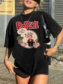 女士夏季新款彩色字母卡通人物印花圆领短袖休闲T恤，时尚百搭，适合春夏穿着 - 黑色 - 查看 9