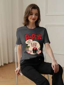 女士夏季新款彩色字母卡通人物印花圆领短袖休闲T恤，时尚百搭，适合春夏穿着 - 深灰色 - 查看 2
