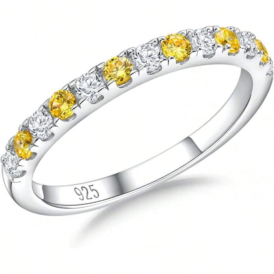 Anillos de piedra natal Banda de eternidad Plata de ley 925/Oro amarillo Gema creada Anillo de boda apilable Banda de media eternidad para mujeres Talla 6 a 102025 - 11 de noviembre / citrino creado - Ver 1