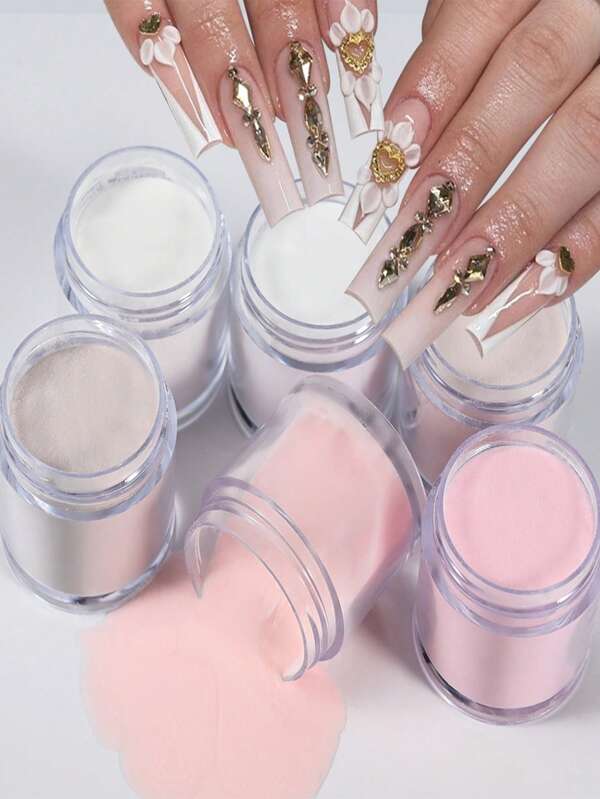 Set van 6 acrylpoeders, nude roze witte kleur, hoogglanzende acrylpoederset voor doe-het-zelf nagelkunstontwerp, 6 kleuren acrylnagelkunst, 3D-nagelsculptuur, Franse nagelverlenging en nagelcarving, professionele polymeer 3D-acrylnagelkunstset, cadeau voor vrouwen en meisjes, langdurig en gemakkelijk aan te brengen