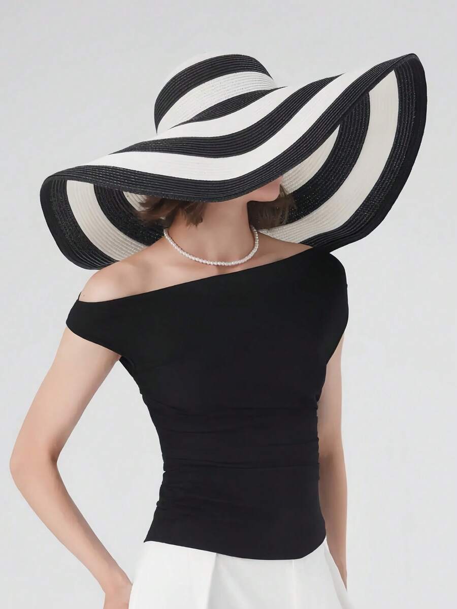 1pc Summer Straw Hat, Fashionable & Elegant, Wide Brim Straw Hat For Beach, Vacation (Striped Color Randomly Assorted, 9 Stripes Or 10 Stripes Random) - Black and White - View 1