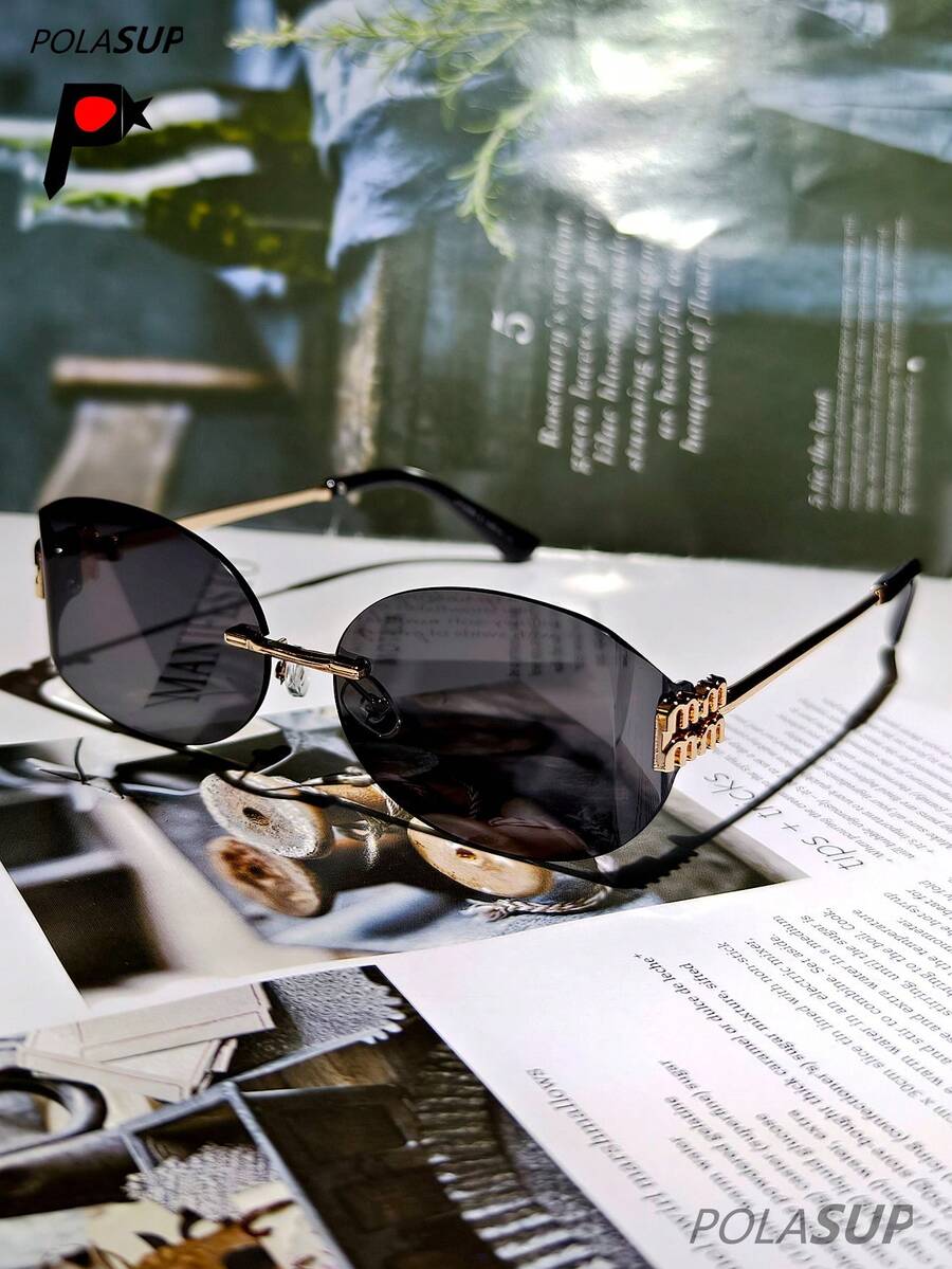 1pc "MMMM" Registered Brand Letter Designer Fashion Glasses, Rimless Edged Driving Fishing Vintage Fashionable Curved Metal Frame Oval Fashion Glasses For Women, Chic Casual High-End Personalized Oval Fashion Glasses Oval Shape Shades - 彩色 - 查看 1