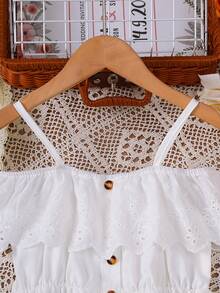 Girl Cold Shoulder Ruffle Trim Button Front Dress For Summer - White - View 3