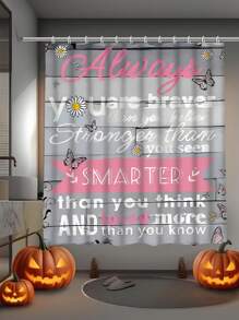 1/4 Pcs Grey & Pink Quote Shower Curtain Set With Bath Mat, Decorative Housewarming Gift, Modern Home Decor Bathroom Curtain & Mat 3 Pieces Set With 12 Shower Curtain Hooks, Suitable For All Seasons, Perfect Daily & Holiday Gift For Friends & Family