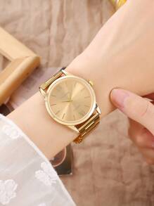 1pc Women's Steel Band Quartz Watch With Roman Numeral Scale + Crossed Bracelet