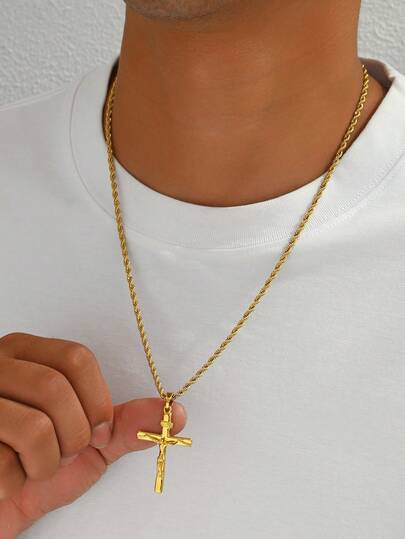 1 件男士 18K 镀金复古简约耶稣十字架吊坠项链，欧美宗教风格，适合日常宗教服饰和休闲装