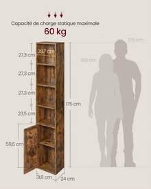 VASAGLE Custos Collection - Bibliothèque, Étagère Haute sur 6 Niveaux, avec Porte, Meuble de Rangement Ouvert, 24 x 31,8 x 175 cm, pour Salon, Bureau, Salle à Manger, Marron Rustique - Acajou - Voir 6