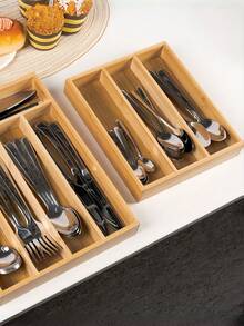 1pc Bamboo Kitchen Drawer Organizer, Silverware Cutlery Tray, Kitchen Utensil Holder And Drawer Organizer, Household Essential Kitchen Utensil Storage For Women Storage Organizer Travel Essentials Back To School Dormitory Storage Fall Decor - Khaki - View 2