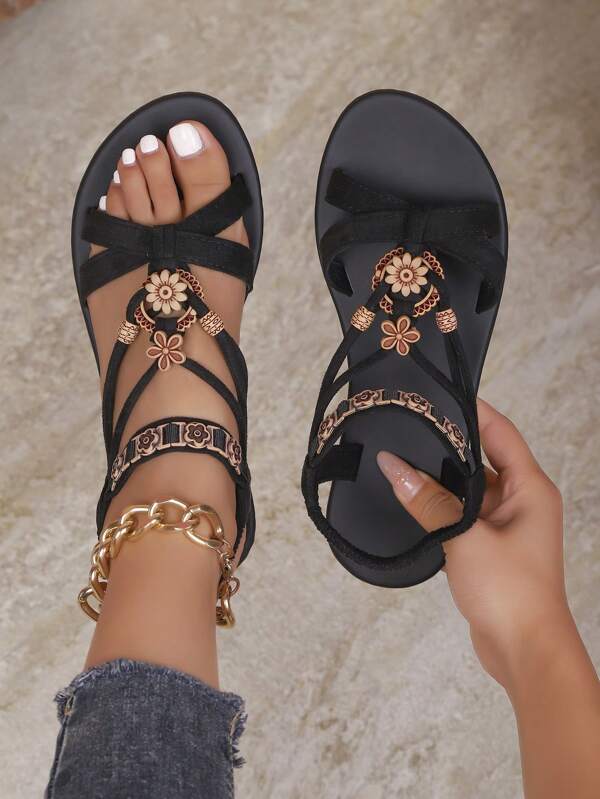 Suede Elastic Band Sandals Bohemian Style New Summer Casual Roman Shoes, Fashion Comfortable Flat Beach Slides