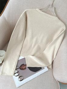 Women's New Style Exquisite Vintage Solid Color V-Neck Irregular And Diverse Metal Button Down Long Sleeves Top, Elegant And Fashionable Slit Hem Daily Commuting Sweater, Fall And Winter, Mother's Day - Apricot - View 5
