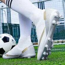 Chuteiras de futebol de salão para homem, confortáveis, antiderrapantes e respiráveis, de cano alto, ideais para treinos profissionais e jogos; Chuteiras AG com travas longas para relva artificial/grama natural, adequadas para homens e mulheres. - Branco - Ver 3