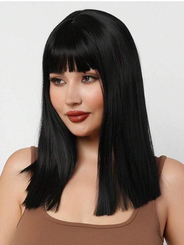 18-Zoll Damen Halloween Schwarze Mode Synthetik Perücke - Mittellange glatte volle Haare Perücke